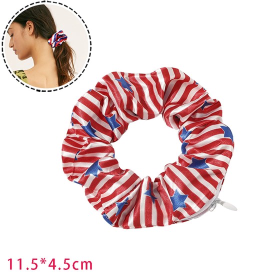 Independence Day USA American Flag Hair Scrunchie With Zipper Pocket Hair Tie
