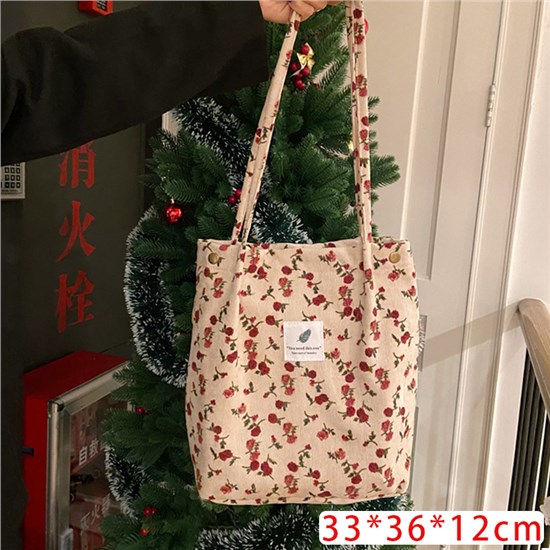 Rose Flowers Corduroy Tote Bag Large Shoulder Bag