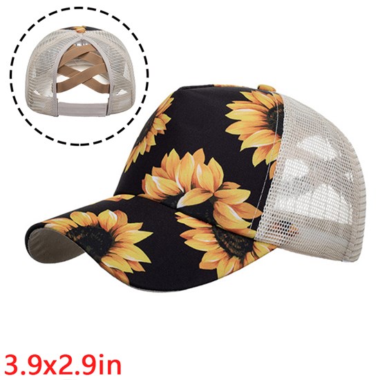 Sunflower Baseball Cap Black Ponytail Hat