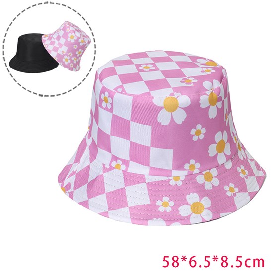 Checke Flowers Pink Bucket Hat Beach Fisherman Hats Travel Fisherman Cap