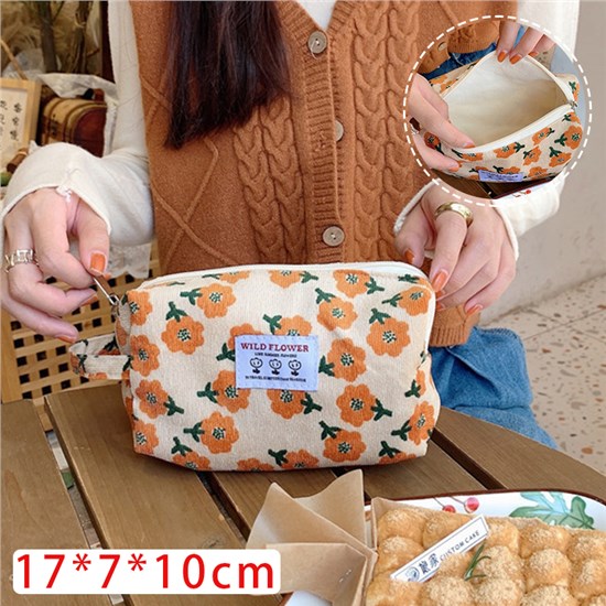 Corduroy Flowers Cosmetic Bag Zipper Makeup Bag Women Travel Toiletry Bag 