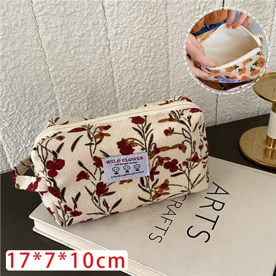 Corduroy Flowers Cosmetic Bag Zipper Makeup Bag Women Travel Toiletry Bag 