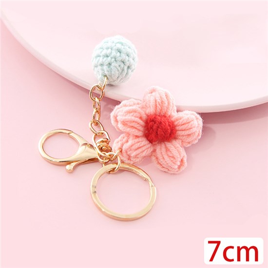 Cute Pink Flower Hand Made Wool Pendant Keychain Key Ring