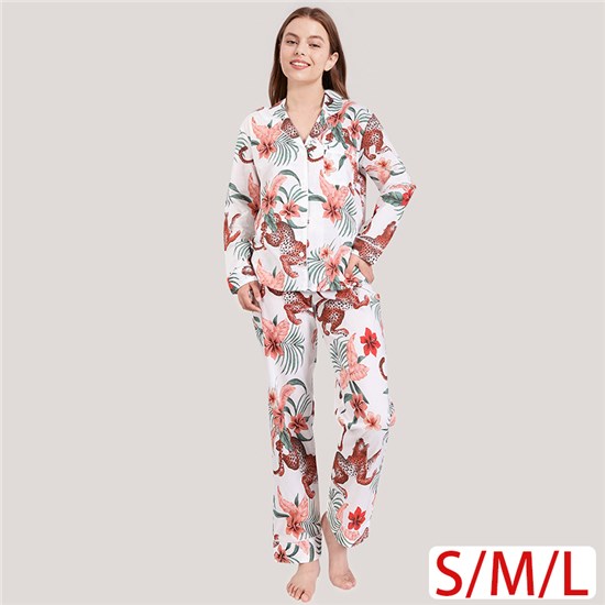 Women's Leopard Flower Long Sleeve Button-Down Pajamas PJ Set