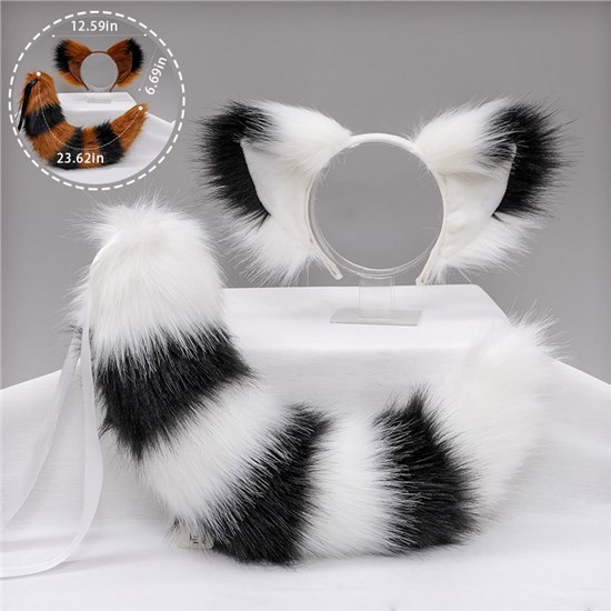 Raccoon Ears Headwear And Tail Set Soft Hair Hoop Halloween Party Animal Cosplay Costume Accessiores