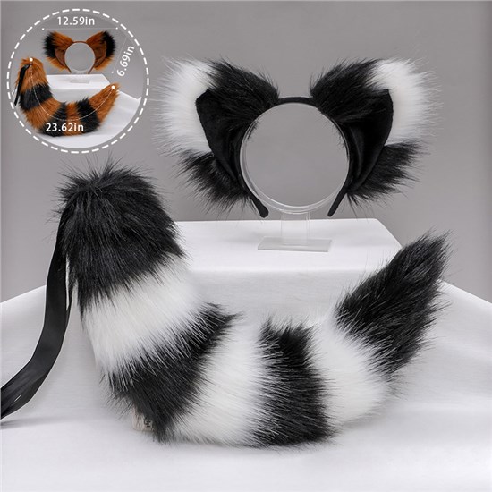 Raccoon Ears Headwear And Tail Set Soft Hair Hoop Halloween Party Animal Cosplay Costume Accessiores
