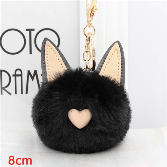 Cute Black Cat Puff Ball Pom Pom Keychain Key Ring