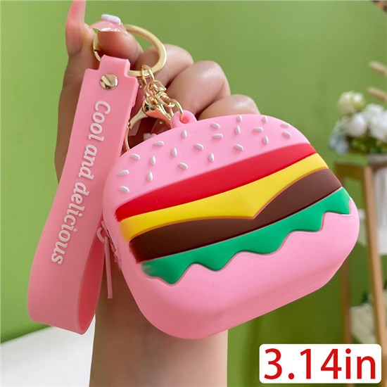 Cute Cartoon Hamburger PVC Coin Purse Keychain Keyring Lanyard Keychain Wristlet