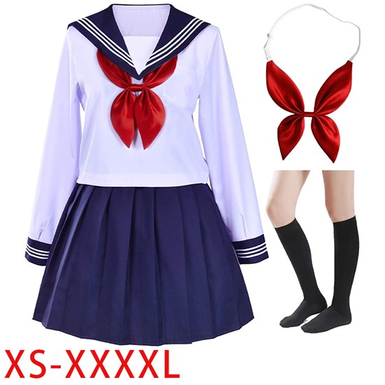 Japanese School Girls Uniform Sailor Navy Blue Pleated Skirt Anime Cosplay Costumes with Socks Set