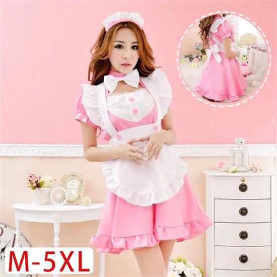 Japan Anime Cosplay Apron Maid Fancy Pink Dress Costume