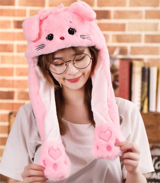 Pink Cat Ear Moving Jumping Hat Funny Plush Hat Unisex Earflaps Movable Ears Hat Cosplay Party Hat