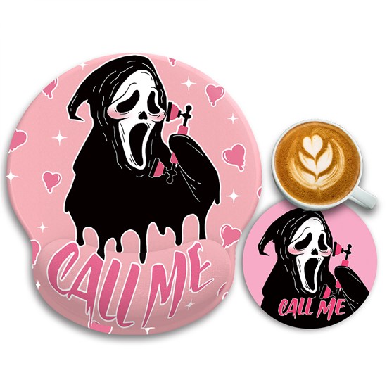 Pink Ghost Face Ergonomic Mouse Pad Wrist Support and Coffee Coaster Non-Slip, Funny Ghostface Gaming Mousepad with Wrist Rest