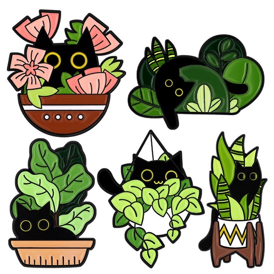 Cartoon Black Cat Green Plants Enamel Pin Brooch Badge Set