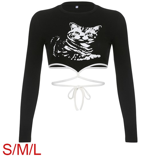 Women Sexy Long Sleeve Cat Print Slim Fit T Shirt