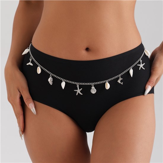 Women's Silver Metal Starfish Shells Body Chain Belt Ladies Waist Chain Belt for Jeans Dress