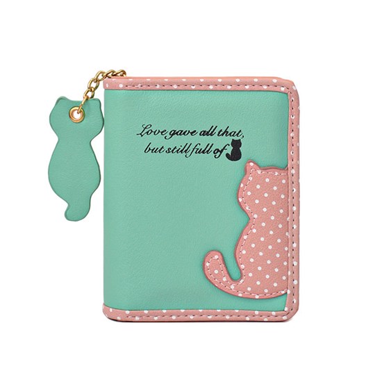 Cute Green Cat PU Wallet Coin Purse for Women Girls