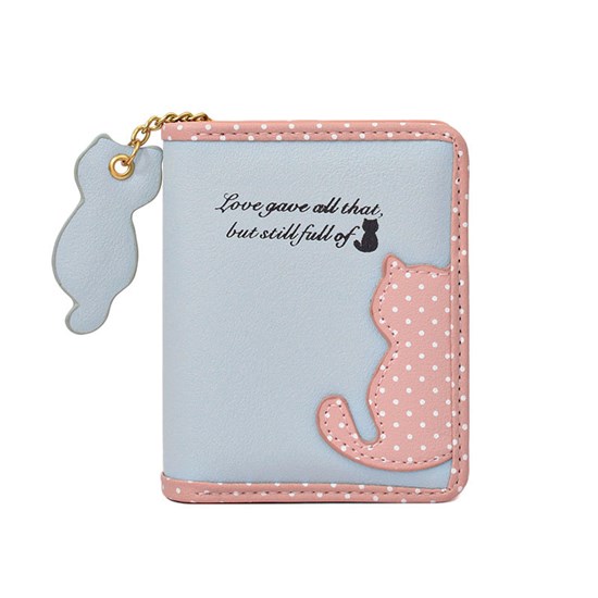 Cute Light Blue Cat PU Wallet Coin Purse for Women Girls