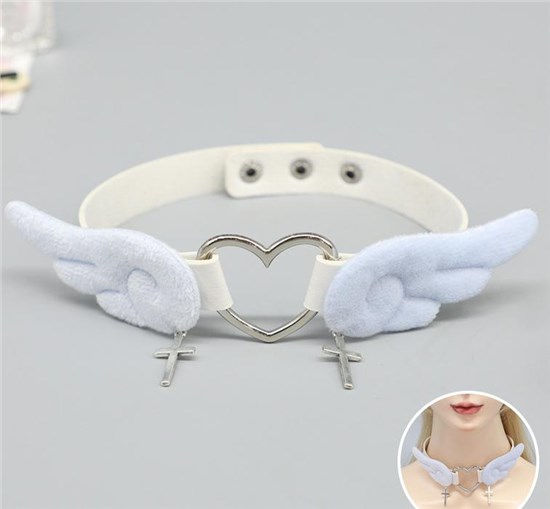 Lolita Punk Angel Wings PU Leather Necklace Heart White Choker