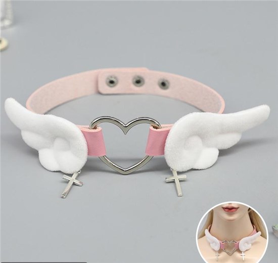 Lolita Punk Angel Wings PU Leather Necklace Heart Pink Choker
