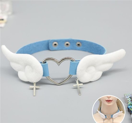 Lolita Punk Angel Wings PU Leather Necklace Heart Blue Choker
