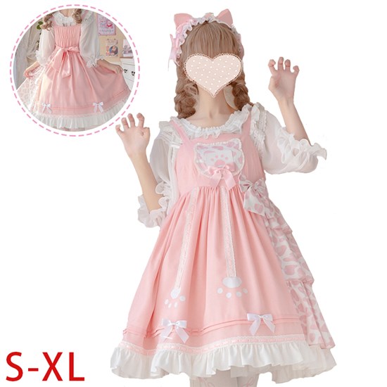 Japan Anime Cosplay Costume Women' Pink Cow Print Sweet Lolita Dress Sleeveless JSK Princess Dress