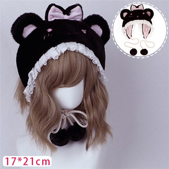 Bear Ear Lace Black Plush Hat Lolita Cosplay