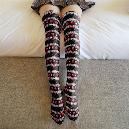 Strawberry Black Lolita Long Boot Stockings Over Knee Thigh Sock
