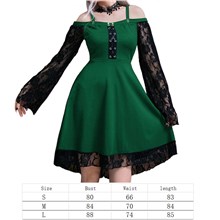 Gothic Black Lace Long Sleeve Green Dress Punk Cosplay Costume