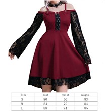 Gothic Black Lace Long Sleeve Red Dress Punk Cosplay Costume