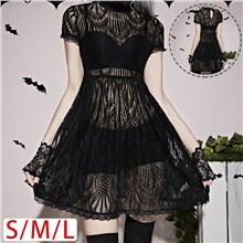 Gothic Black Lace Short Sleeve Dress Punk Cosplay Costume