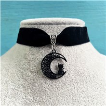 Gothic Black Cat Moon Choker Necklace Black Steampunk Victorian Velvet Choker