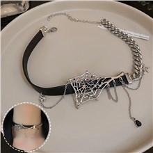 Gothic Halloween Punk Leather Metal Spider Web Necklace For Women Girls Clavicle Chain Choker