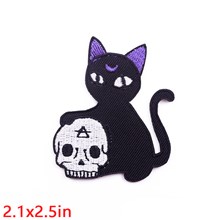 Gothic Black Cat Skull Embroidered Badge Patch