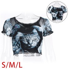 Cat Women Crop Tee Gothic Short Sleeve Slim Crop T shirt Top