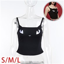 Women's Gothic Black Cat Sleeveless Crop Tops Punk Tanks Sexy Tees Vest