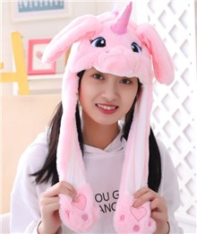 Pink Unicorn Ear Moving Jumping Hat Funny Plush Hat Unisex Earflaps Movable Ears Hat Cosplay Party Hat