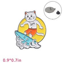 Funny Cat Surfing Enamel Brooch Pin Badge