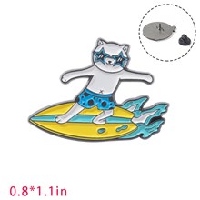 Funny Cat Surfing Enamel Brooch Pin Badge