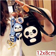 Black Lanyard ID Badge Holder Case PU Leather Credit Card Wallet Panda Keychain Key Ring