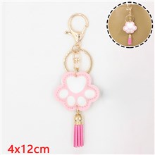 Cute PU Pink Cat Dog Paw Tassels Alloy Keychain Key Ring