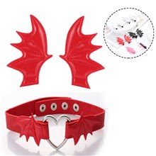Red Bat Devil Horn Hair Clips Necklace Choker Set Halloween Cosplay