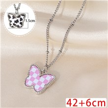 Pink Check Butterfly Alloy Necklace