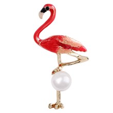Cute Flamingo Bird Brooch for Women Girls Fashion Antique Gold Tone Alloy Faux Pearl Pink Enameled Animal Broocheds Pins