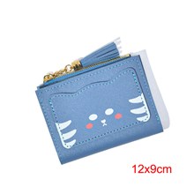 Cute Blue Cat Pattern PU Wallet Tassel Zipper Wallet