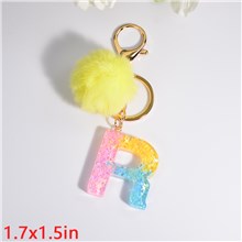 Fashion Resin Alphabet Initial Letter Keychain Key Ring, with Fur Ball Pom Bag Charm Keychain