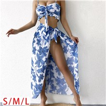 Blue Flower Print Women's 3 Piece Swimsuits Triangle Bikini Bathing Suits 