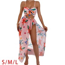 Flower Print Pink Women's 3 Piece Swimsuits Triangle Bikini Bathing Suits 