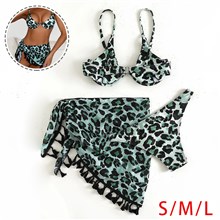 Green Leopard Print Women's 3 Piece Swimsuits Triangle Bikini Bathing Suits 