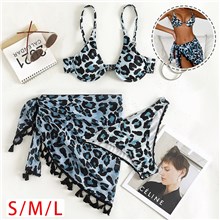 Blue Leopard Print Women's 3 Piece Swimsuits Triangle Bikini Bathing Suits 