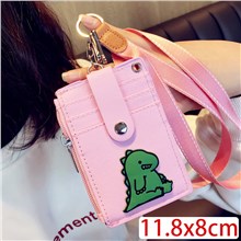 Pink Lanyard ID Badge Holder Case PU Leather Credit Card Wallet Dinosaur Keychain Key Ring